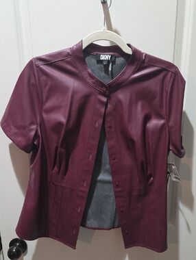 DKNY Short Sleeve Vegan Leather Button-Up in Wine